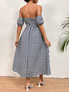 Gingham Print Off Shoulder Shirred Split Thigh Dress