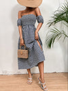 Gingham Print Off Shoulder Shirred Split Thigh Dress