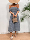 Gingham Print Off Shoulder Shirred Split Thigh Dress