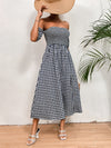 Gingham Print Off Shoulder Shirred Split Thigh Dress