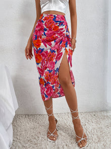  Random Floral Print Ruched Split Thigh Skirt