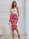 Random Floral Print Ruched Split Thigh Skirt