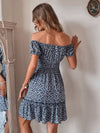 Ditsy Floral Off Shoulder Tie Front Ruffle Hem Dress