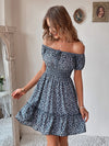 Ditsy Floral Off Shoulder Tie Front Ruffle Hem Dress
