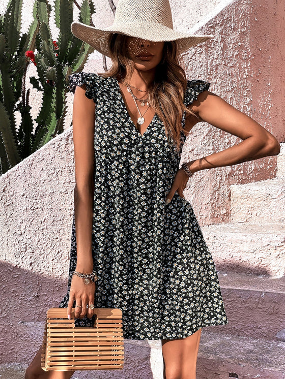 Ditsy Floral Print Ruffle Sleeve Dress