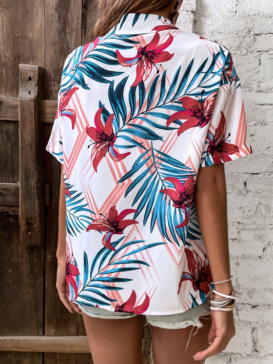 Tropical Print Drop Shoulder Shirt Without Camisole
