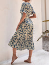 Allover Print Puff Sleeve Ruffle Hem Wrap Knot Side Dress