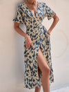 Allover Print Puff Sleeve Ruffle Hem Wrap Knot Side Dress