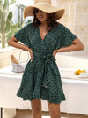 Allover Print Butterfly Sleeve Wrap Ruffle Hem Dress