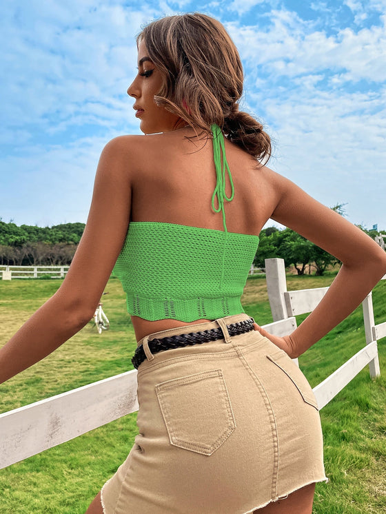 Scallop Trim Crisscross Tie Backless Halter Top