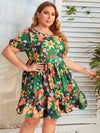 Plus Floral Print Tie Back Ruffle Hem Dress