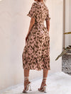 Allover Print Puff Sleeve Ruffle Hem Wrap Knot Side Dress