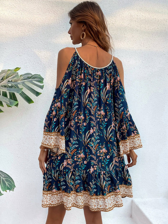 Floral Print Cold Shoulder Tassel Knot Front Ruffle Hem Dress