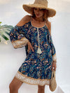 Floral Print Cold Shoulder Tassel Knot Front Ruffle Hem Dress