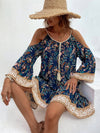 Floral Print Cold Shoulder Tassel Knot Front Ruffle Hem Dress