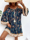 Floral Print Cold Shoulder Tassel Knot Front Ruffle Hem Dress