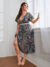 Plus Paisley Floral Print Flutter Sleeve Overlap Collar Dress Without Belt