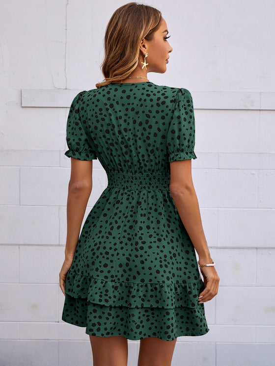 Dalmatian Print Shirred Waist Layered Hem Dress