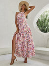 Floral Print Halter Neck Ruffle Hem Belted Dress