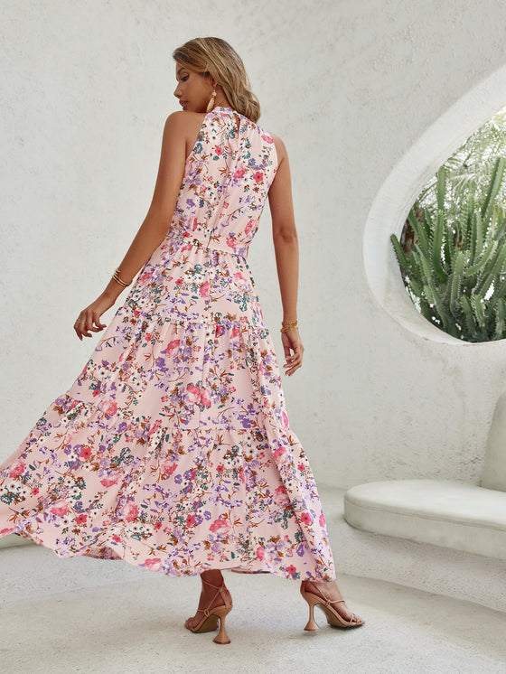 Floral Print Halter Neck Ruffle Hem Belted Dress