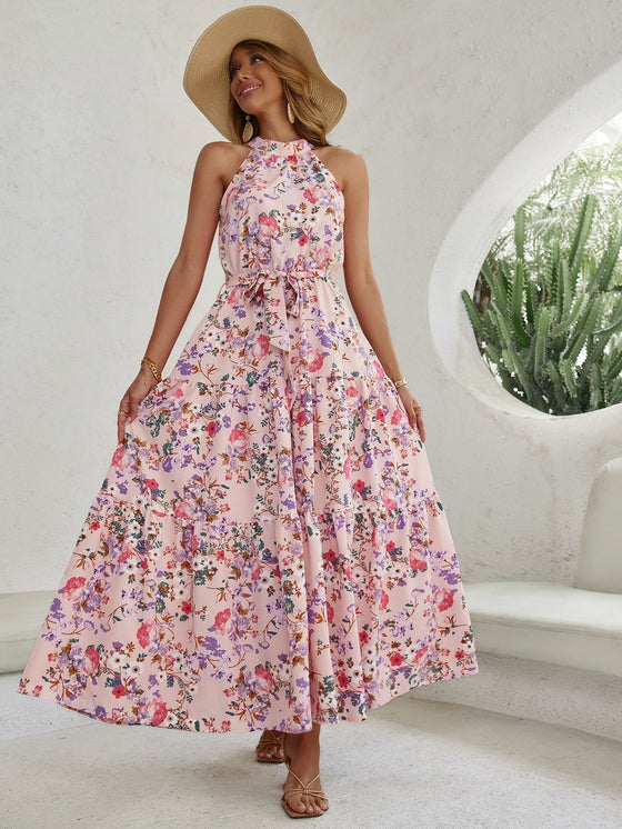 Floral Print Halter Neck Ruffle Hem Belted Dress