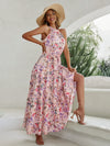 Floral Print Halter Neck Ruffle Hem Belted Dress