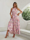 Floral Print Halter Neck Ruffle Hem Belted Dress