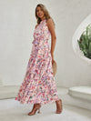 Floral Print Halter Neck Ruffle Hem Belted Dress