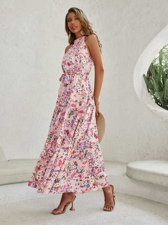 Floral Print Halter Neck Ruffle Hem Belted Dress