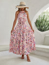 Floral Print Halter Neck Ruffle Hem Belted Dress