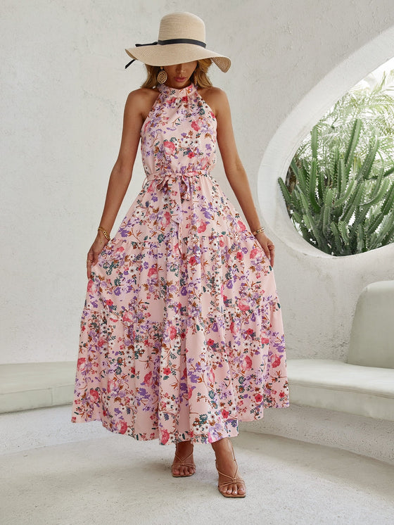 Floral Print Halter Neck Ruffle Hem Belted Dress