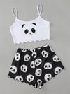 Panda Print Lettuce Edge Cami Top and Shorts PJ Set