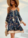 Floral Print Cold Shoulder Tassel Knot Front Ruffle Hem Dress