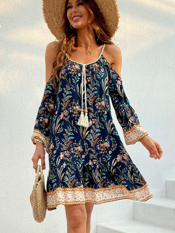Floral Print Cold Shoulder Tassel Knot Front Ruffle Hem Dress