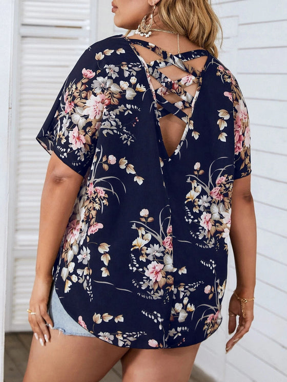 Plus Floral Print Crisscross Batwing Sleeve Blouse