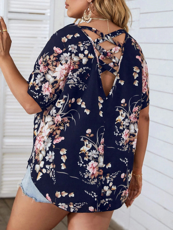 Plus Floral Print Crisscross Batwing Sleeve Blouse