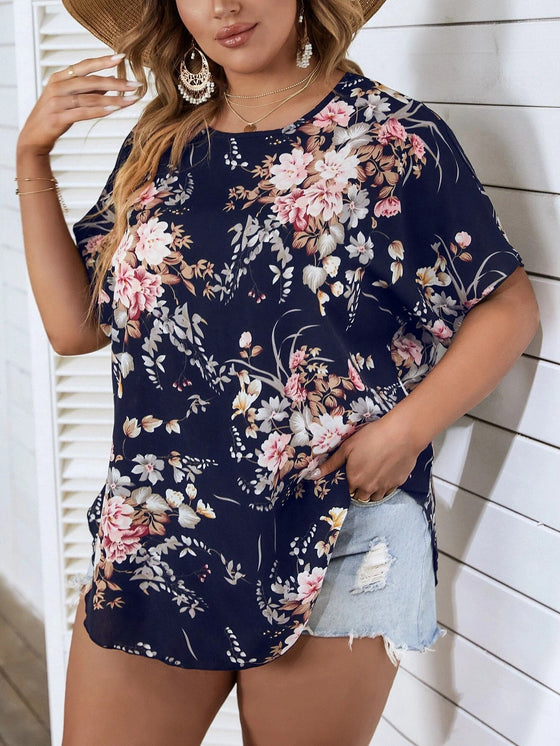 Plus Floral Print Crisscross Batwing Sleeve Blouse
