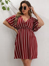 Plus Striped Surplice Neck A line Dress