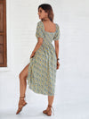 Ditsy Floral Shirred Puff Sleeve Split Thigh Dress Without Belt
