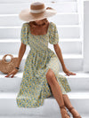 Ditsy Floral Shirred Puff Sleeve Split Thigh Dress Without Belt