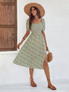 Ditsy Floral Shirred Puff Sleeve Split Thigh Dress Without Belt