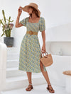 Ditsy Floral Shirred Puff Sleeve Split Thigh Dress Without Belt