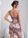 Floral Print Drawstring Split Ruffle Hem Cami Dress