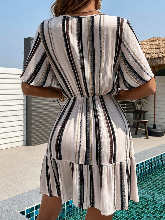 Striped Fake Button Ruffle Hem Dress