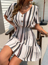 Striped Fake Button Ruffle Hem Dress