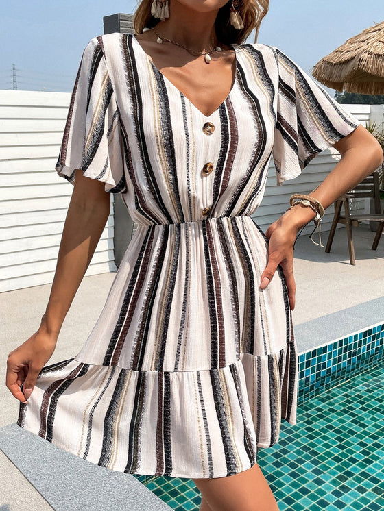 Striped Fake Button Ruffle Hem Dress