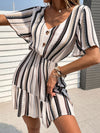 Striped Fake Button Ruffle Hem Dress