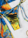 Tropical Print Halter Triangle Bikini Swimsuit With Drawstring Cover Up