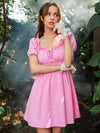 Puff Sleeve Tie Front Frilled Shirred Back Dress