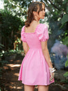 Puff Sleeve Tie Front Frilled Shirred Back Dress